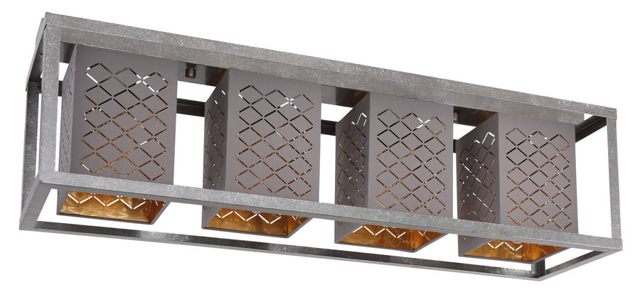Vue de trois quarts du luminaire fixé au plafond avec ses quatre modules rectangulaires.