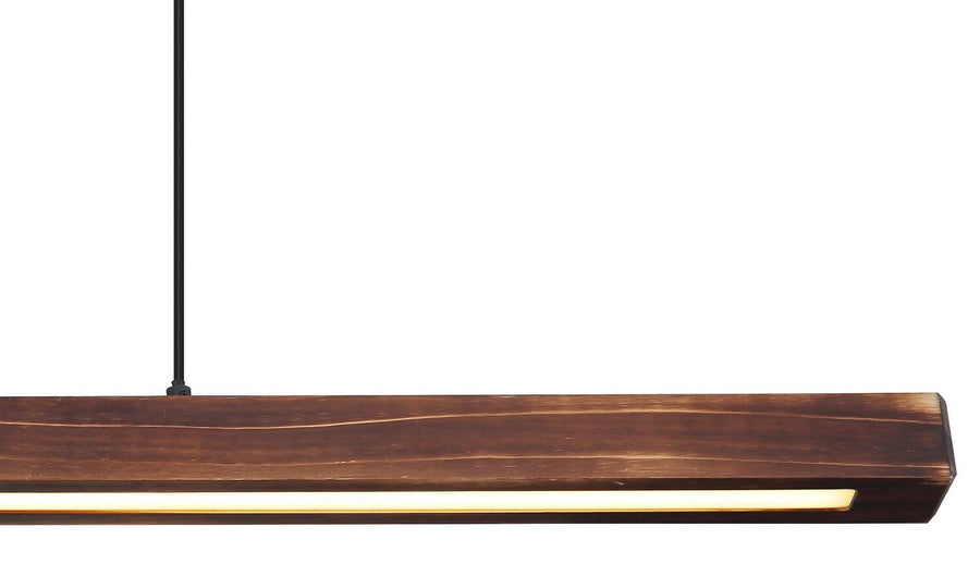 Détail du profil en bois foncé et de la bande LED éclairée sous la suspension.