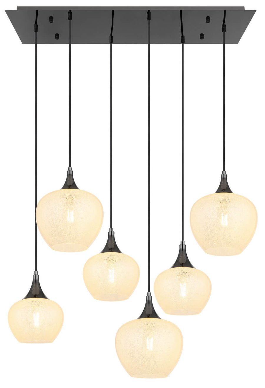 Vue de face du luminaire avec globes ambrés allumés et câbles noirs