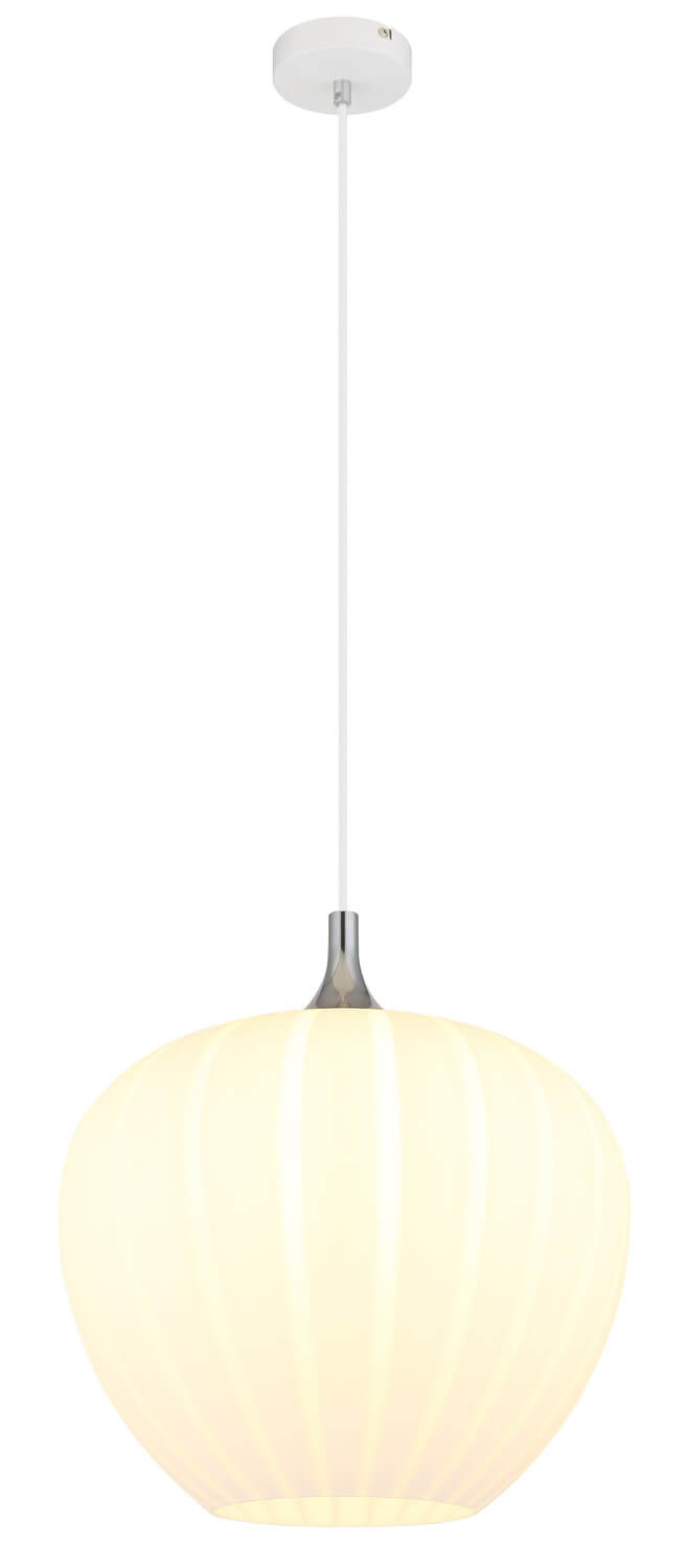 Vue de profil du luminaire suspendu avec câble blanc et rosace de plafond