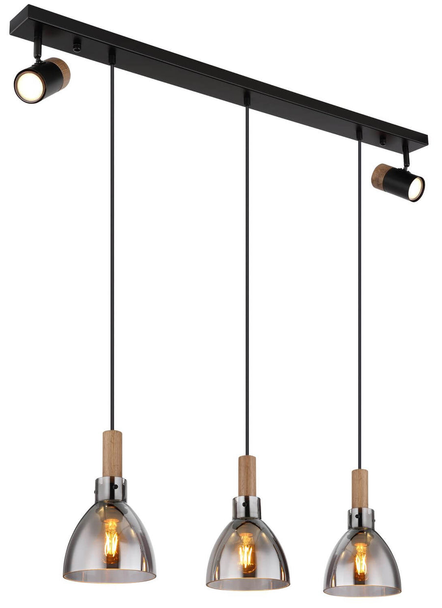 Second angle du luminaire suspendu, montrant la barre linéaire noire et les détails en bois.