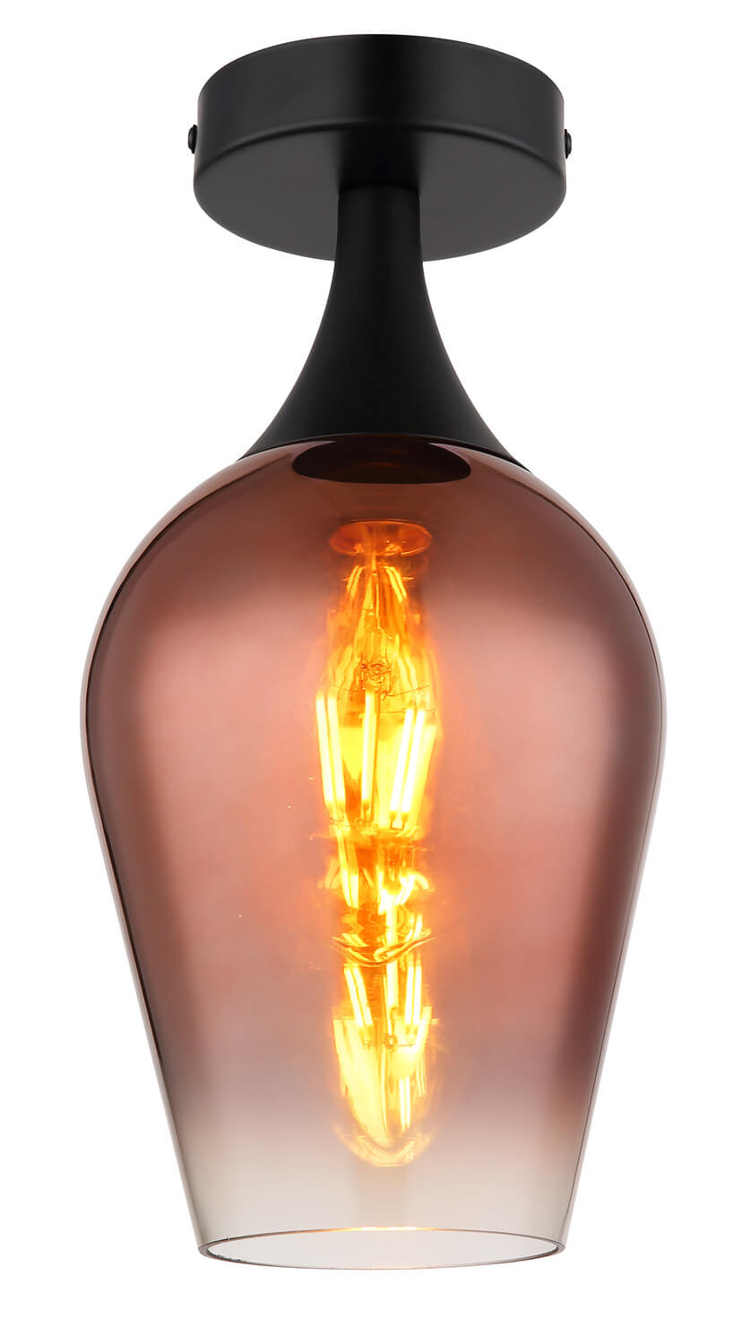 Gros plan sur l'ampoule filament dorée allumée à l'intérieur du verre fumé