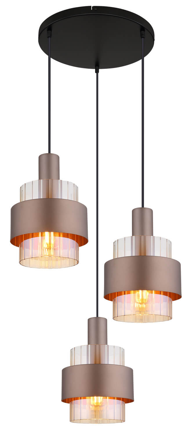 Vue rapprochée des trois cylindres métalliques taupe avec verre strié et ampoules allumées