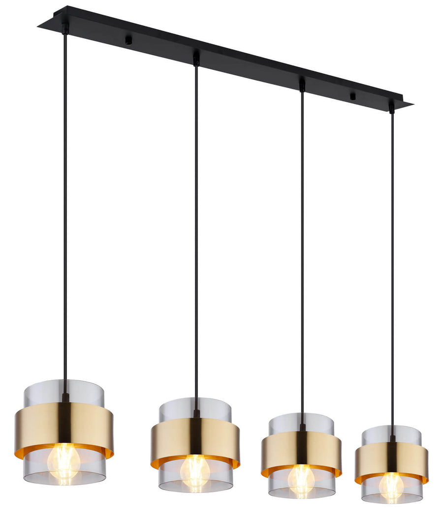 Vue de face du luminaire à quatre suspensions cylindriques noires et dorées alignées