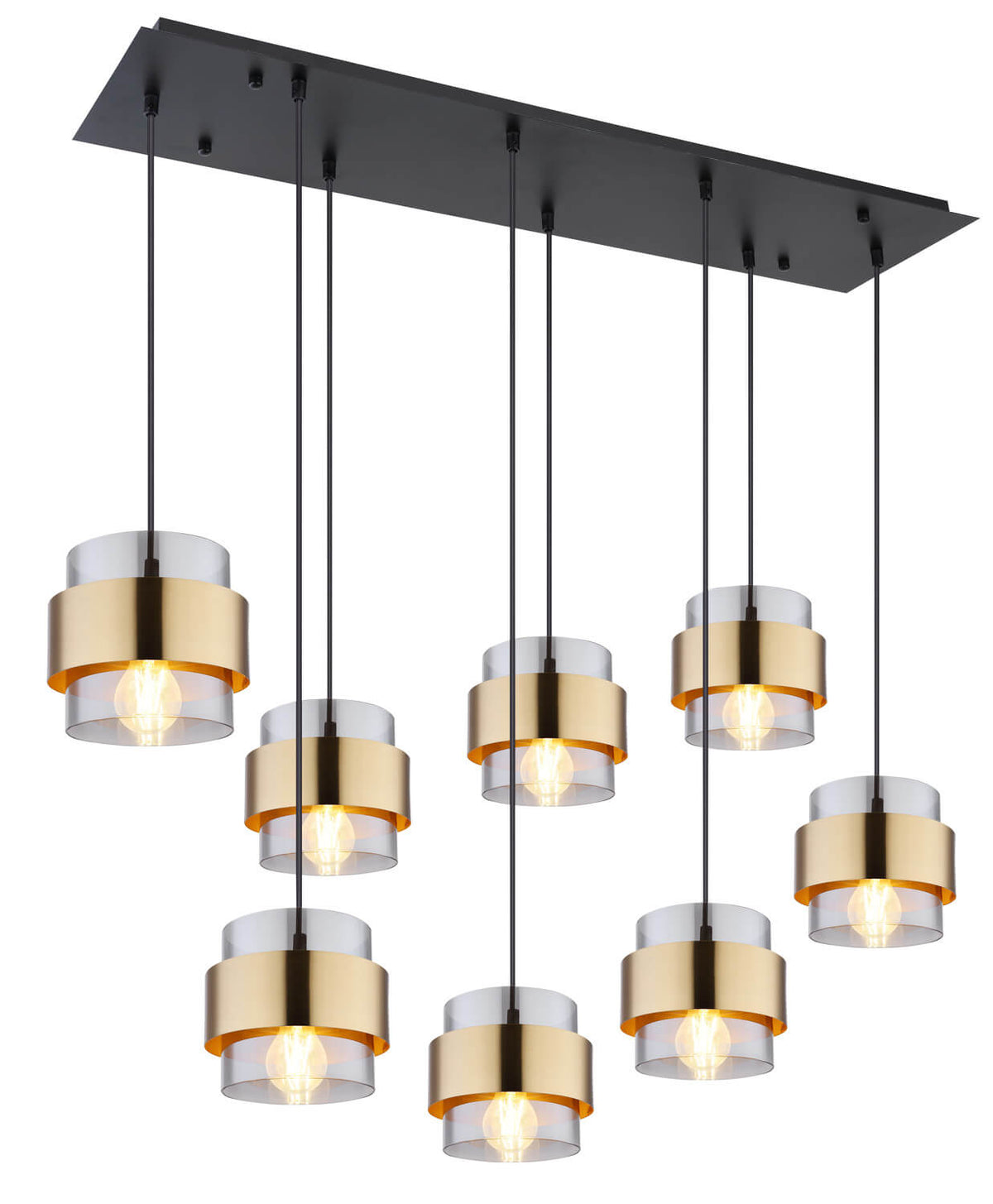 Suspension noire à neuf cylindres dorés suspendus sous un grand plateau rectangulaire noir