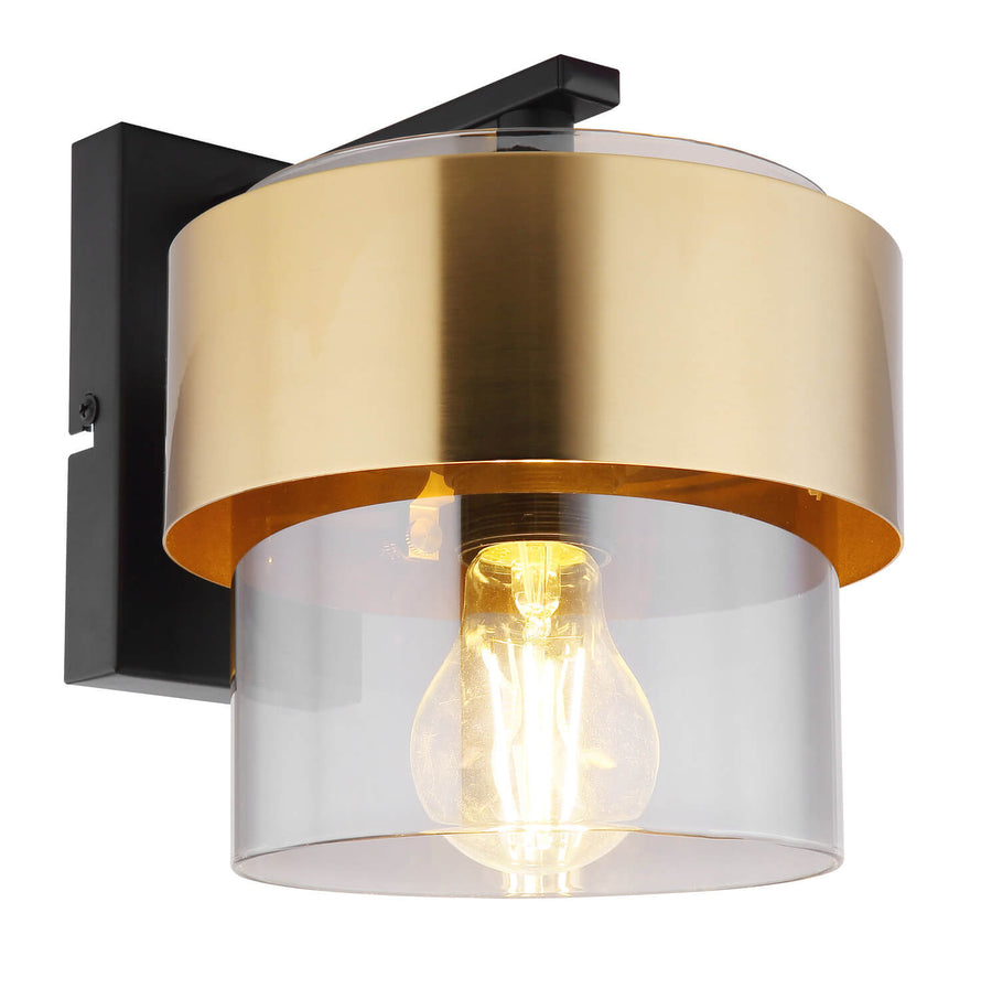 Vue produit de face de l'applique murale avec abat-jour cylindrique doré et verre transparent