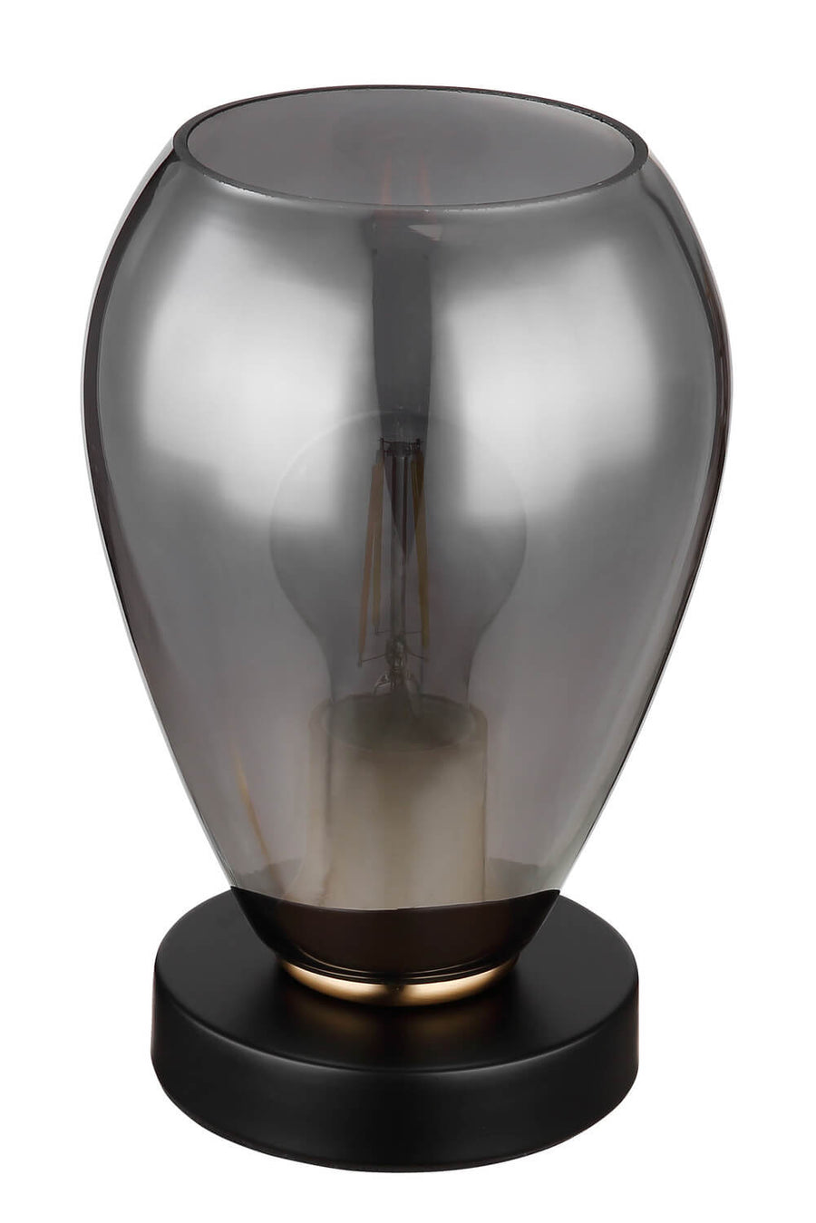Lampe éteinte, vue de face, montrant le verre fumé et la base noire mat.
