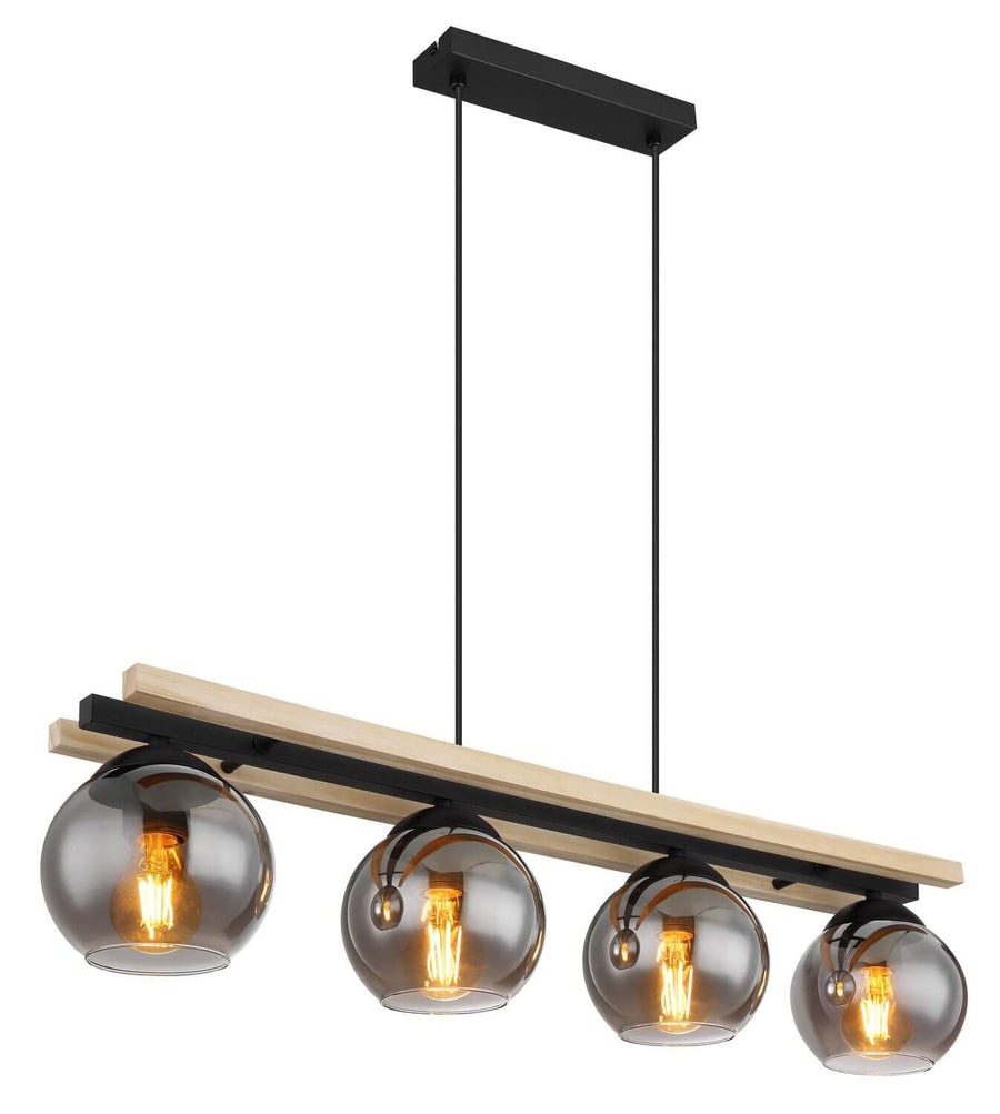 Suspension quatre globes en verre fumé sur poutre en bois clair, fond blanc