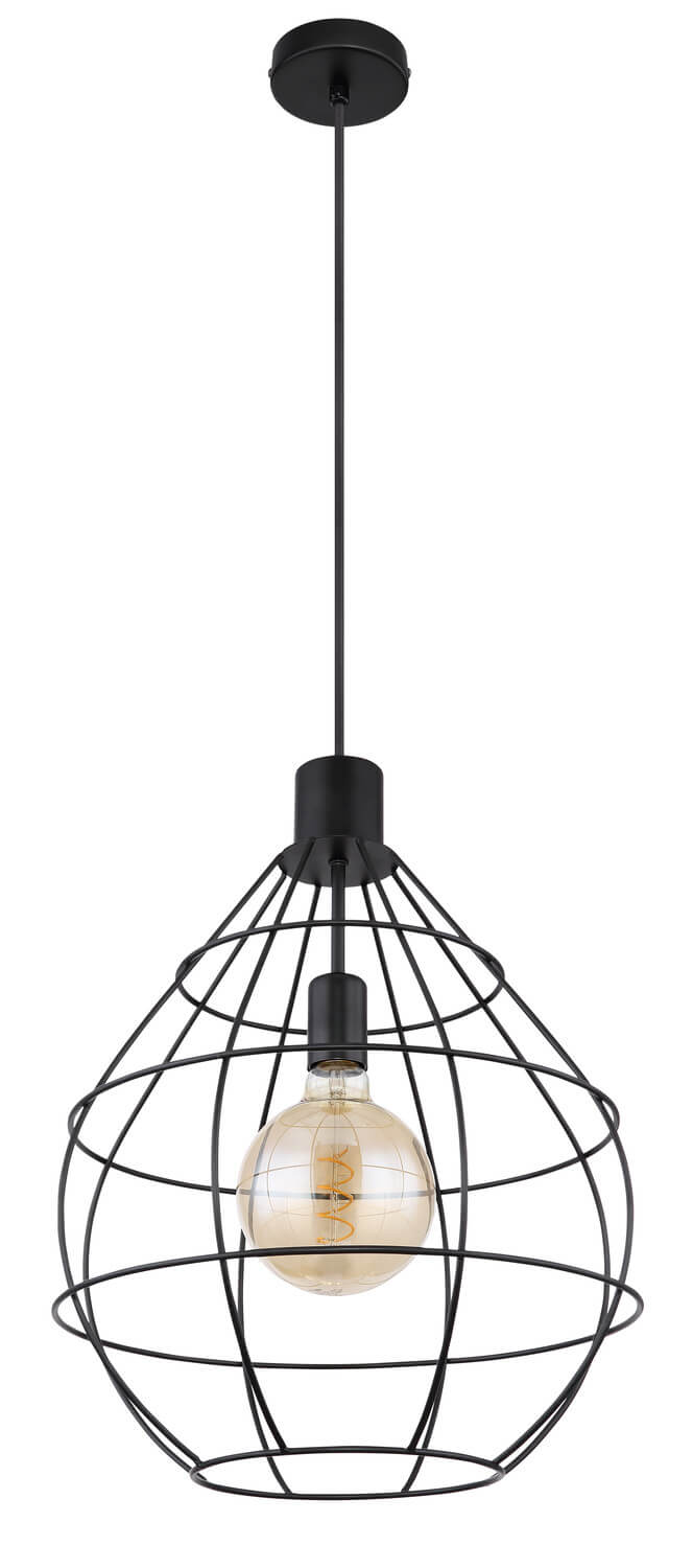 Vue de trois quarts du luminaire, cage sphérique en métal noir et ampoule chaude