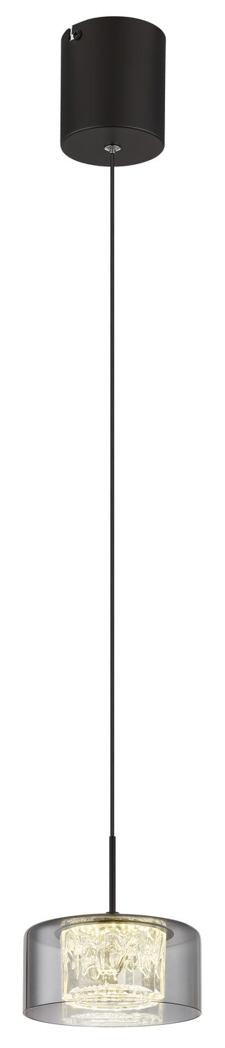 Vue en pied du luminaire suspendu montrant le support plafond et le câble noir.