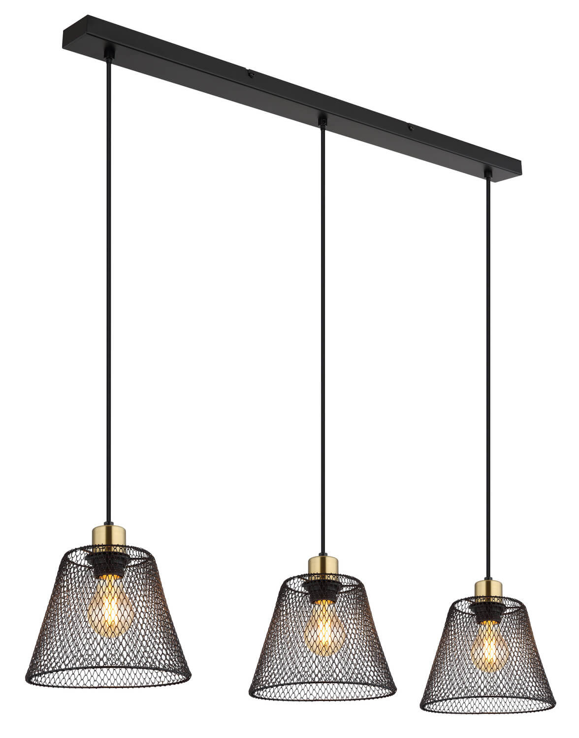 Luminaire suspendu noir à trois abat-jours coniques en maille, barre rectangulaire au plafond.