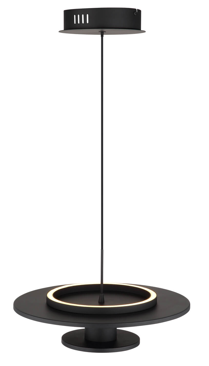 Vue de dessous montrant le cercle LED allumé sous le grand disque noir