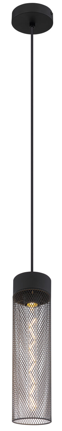 Luminaire suspendu noir mat avec longue corde et abat-jour cylindrique en maille