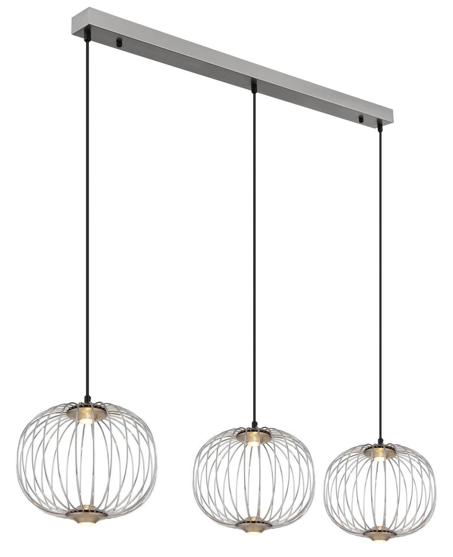 Suspension trois globes en cage métallique nickel satiné sur barre rectangulaire, fond blanc