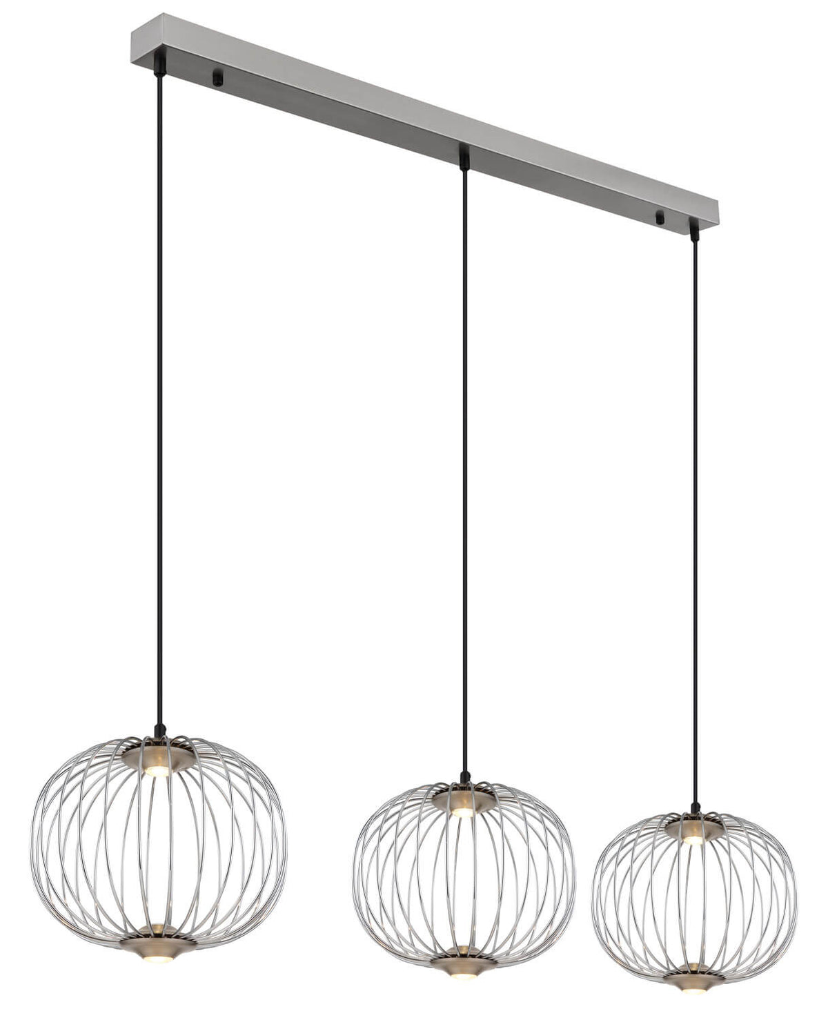 Détail des cages métalliques tressées et câbles noirs, éclairage LED allumé