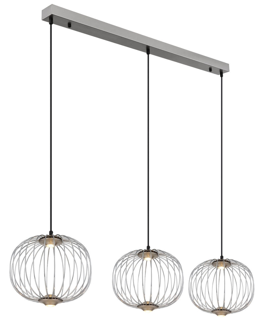 Détail des cages métalliques tressées et câbles noirs, éclairage LED allumé