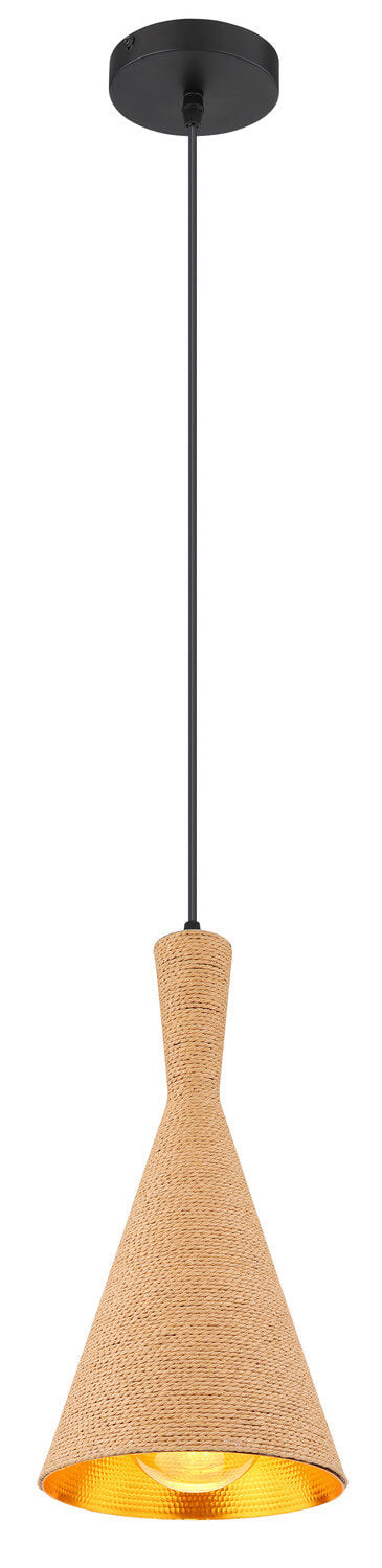 Produit entier de face avec câble noir, abat-jour en corde et intérieur doré