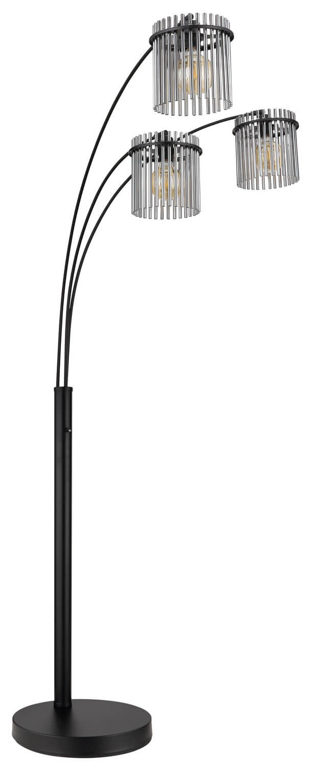 Vue complète du lampadaire noir, trois abat-jour cages et ampoules visibles sur fond blanc.