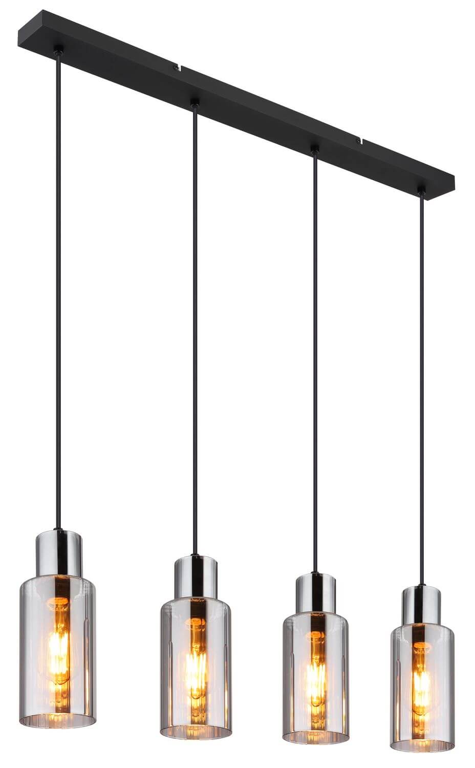 Vue de face du luminaire complet montrant ses quatre abat-jours cylindriques en verre transparent