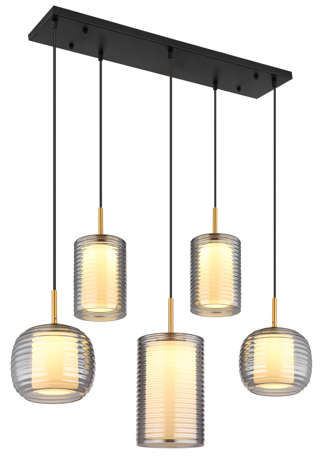 Luminaire suspendu à cinq points, abat-jours en verre cannelé transparent et câbles noirs.