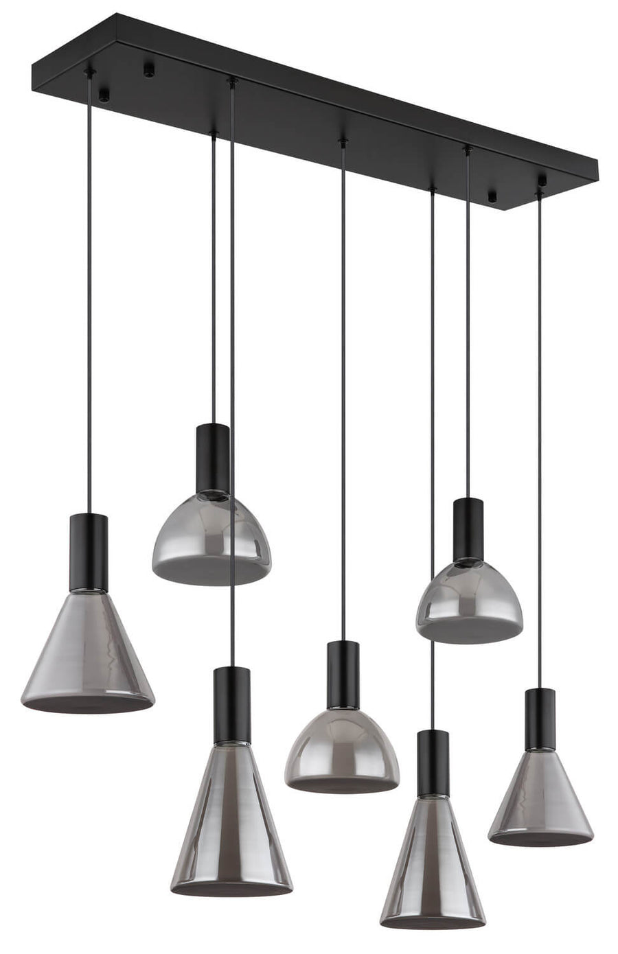 Luminaire éteint vu de face, abat-jours coniques et hémisphériques en verre gris