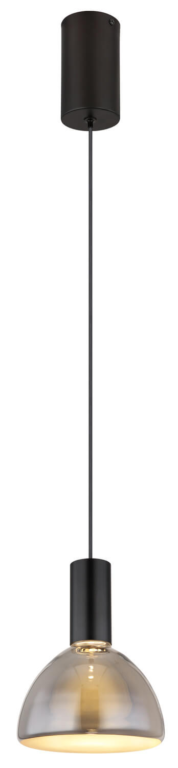 Vue d'ensemble du luminaire, rosace cylindrique noire et verre fumé en hauteur