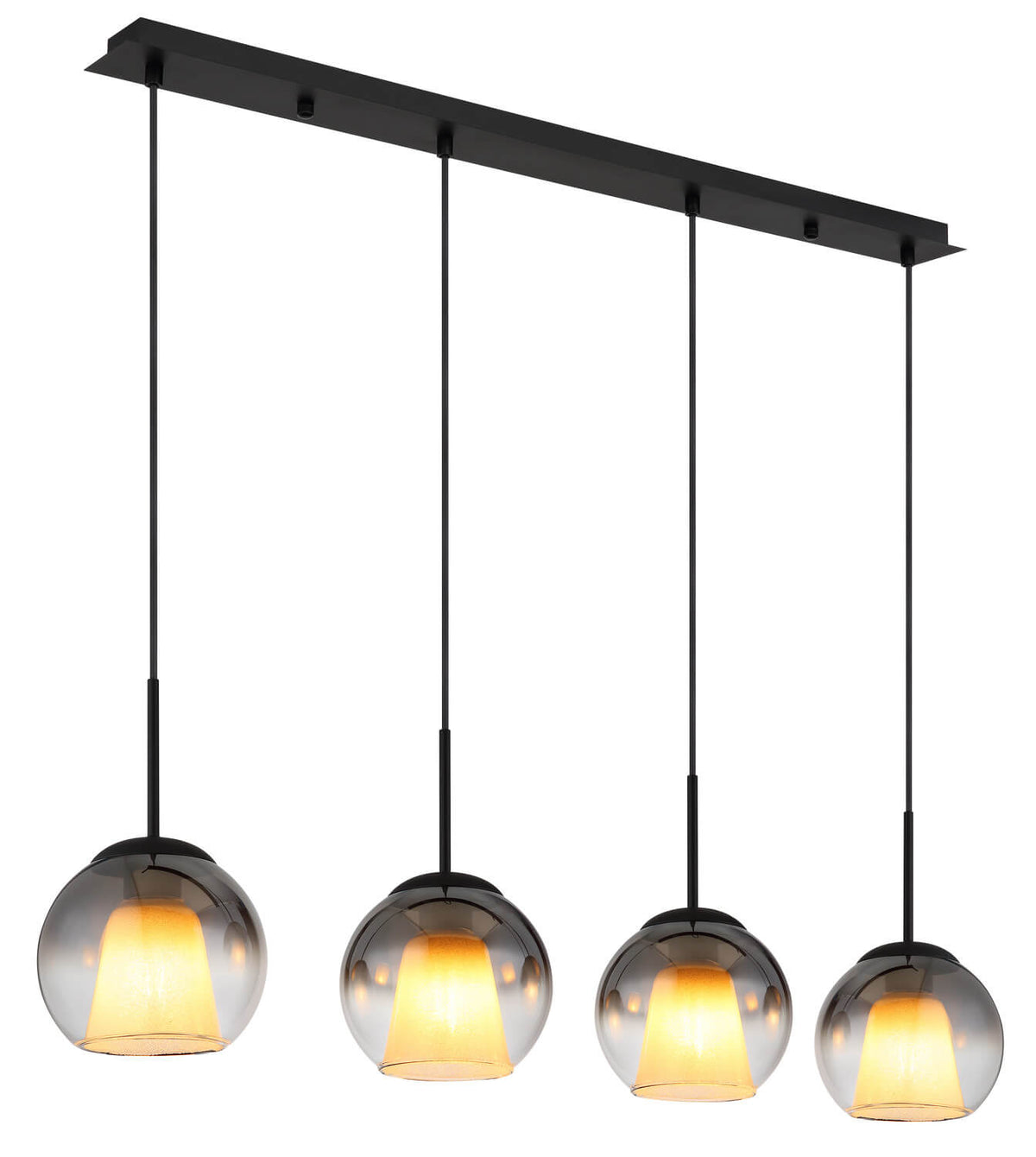 Suspension quatre globes en verre fumé allumés, vue de face sur fond blanc