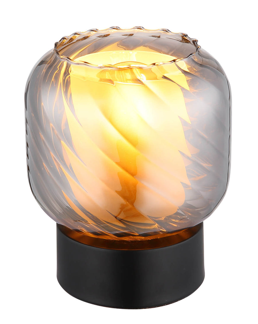Lampe à poser noire et verre ambré, vue de face sur fond blanc