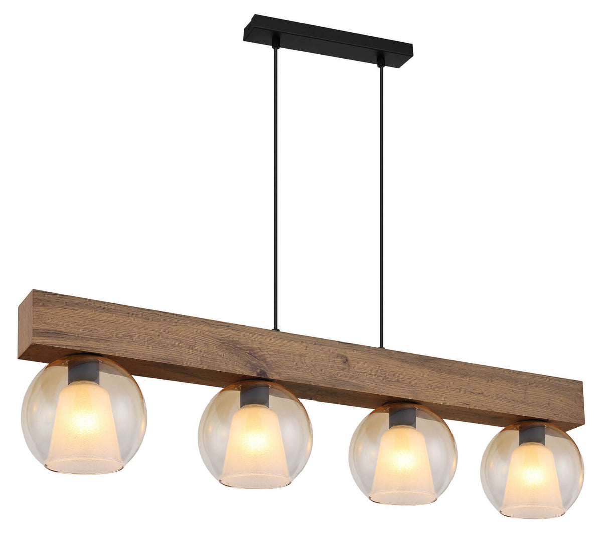 Suspension quatre globes en verre ambré sous une poutre en bois, vue de face