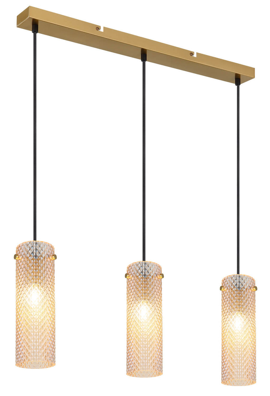 Vue de face de la suspension, barre dorée et trois suspensions cylindriques en verre transparent.