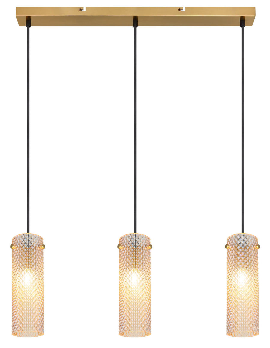 Détail des trois abat-jours cylindriques en verre à motif diamant, éclairés.