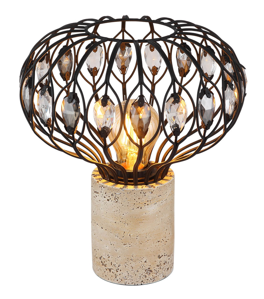 Lampe à poser de face, cage métallique noire et base cylindrique en pierre claire