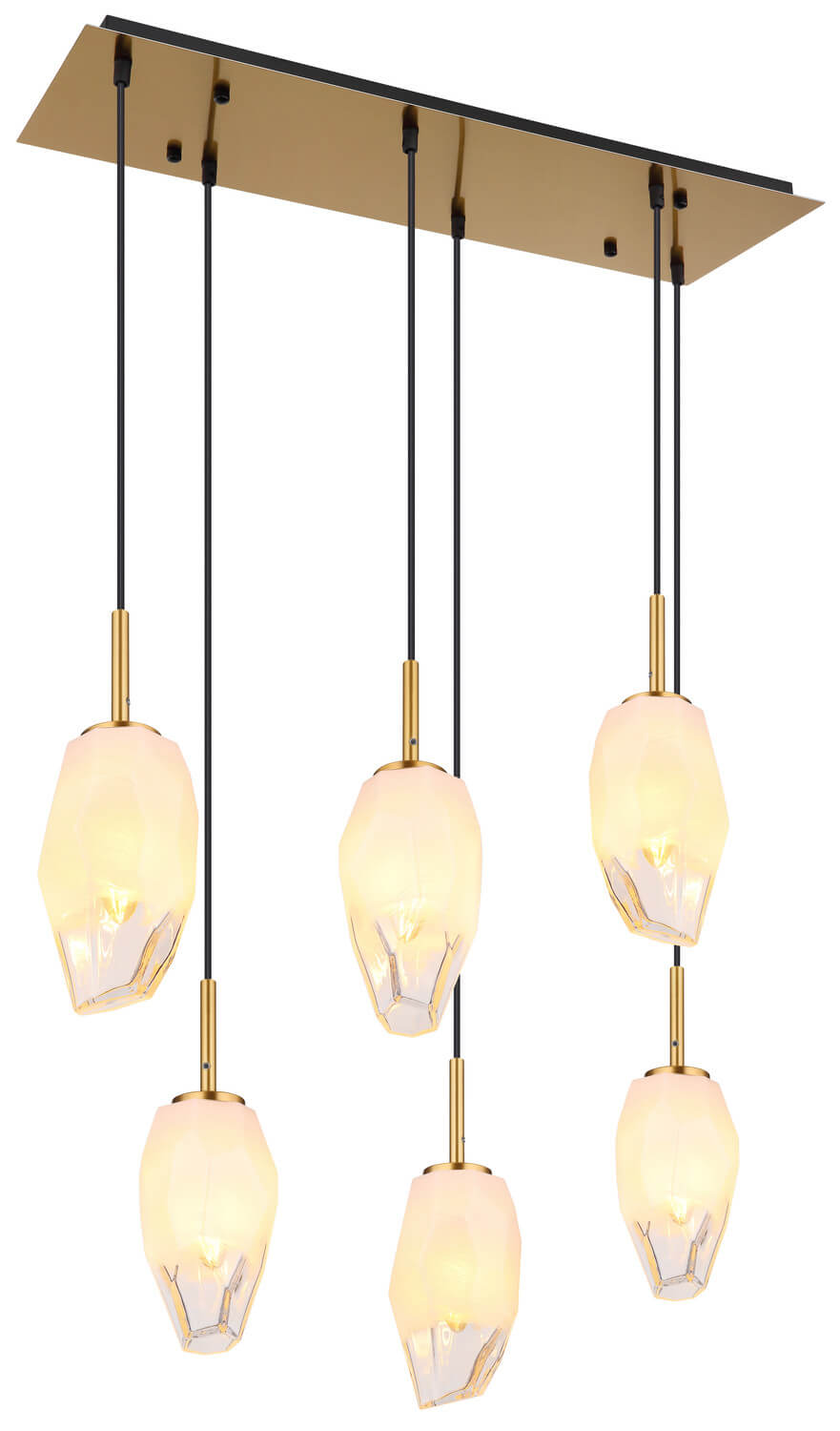 Vue du luminaire suspendu avec six diffuseurs en verre opalin et structure en laiton