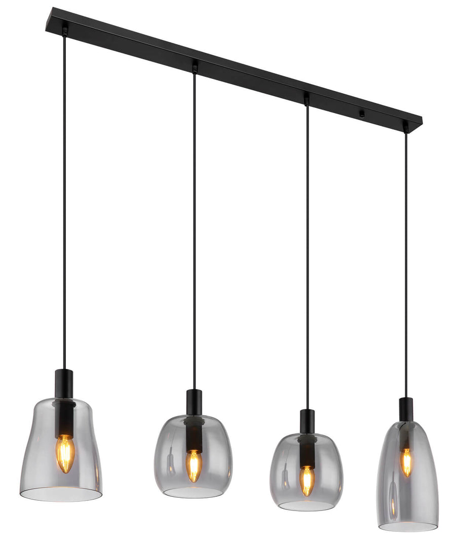 Suspension noire à quatre abat-jours en verre fumé alignés sur une barre