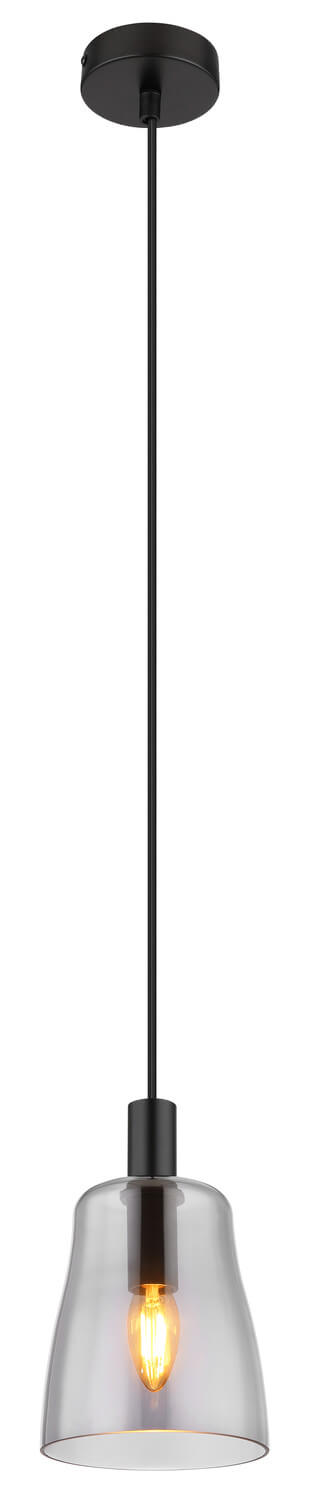 Vue de profil de la suspension noire avec long câble et abat-jour en verre clair.