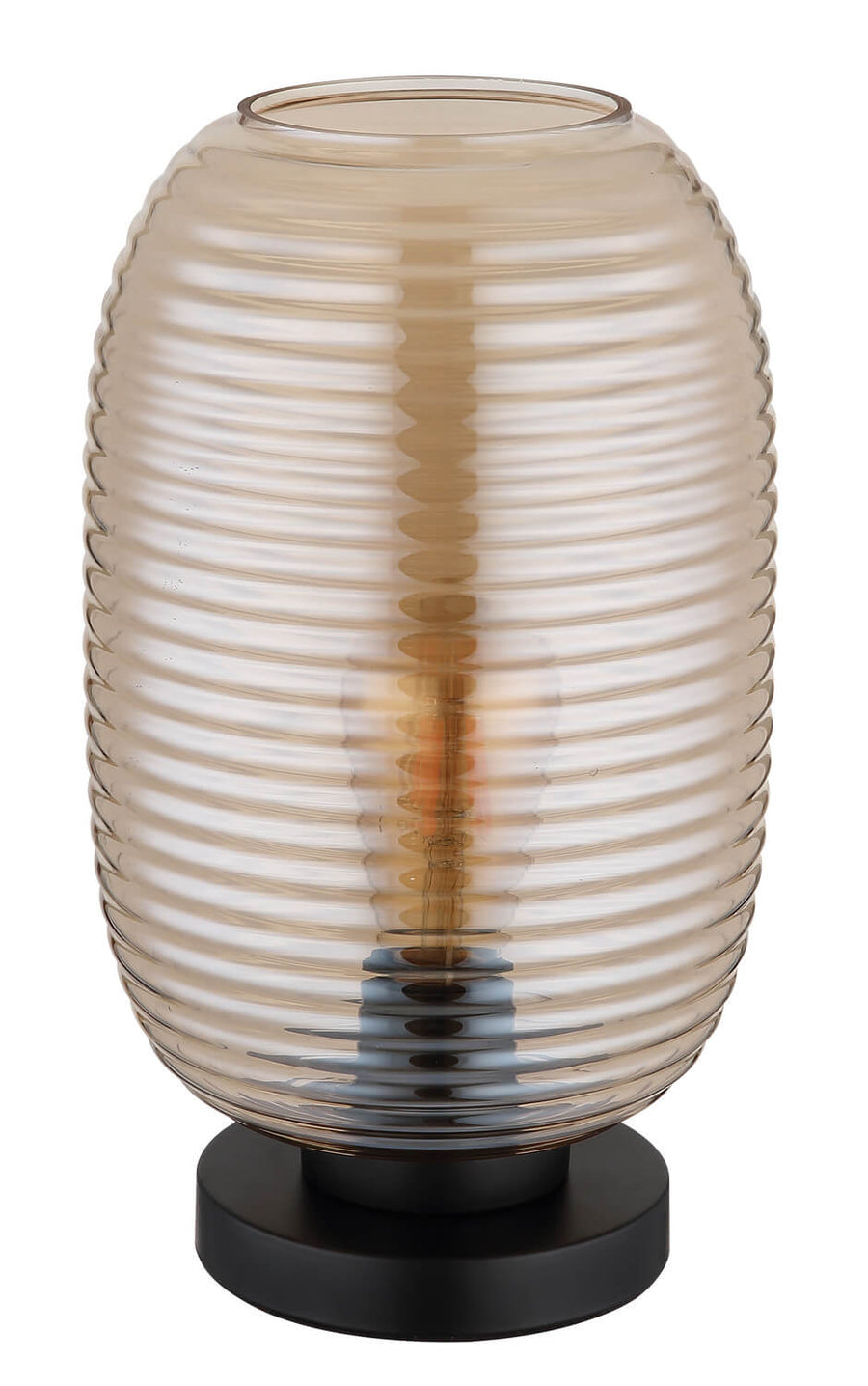 Détail du pied cylindrique noir et du verre éteint aux reflets orangés sur les stries