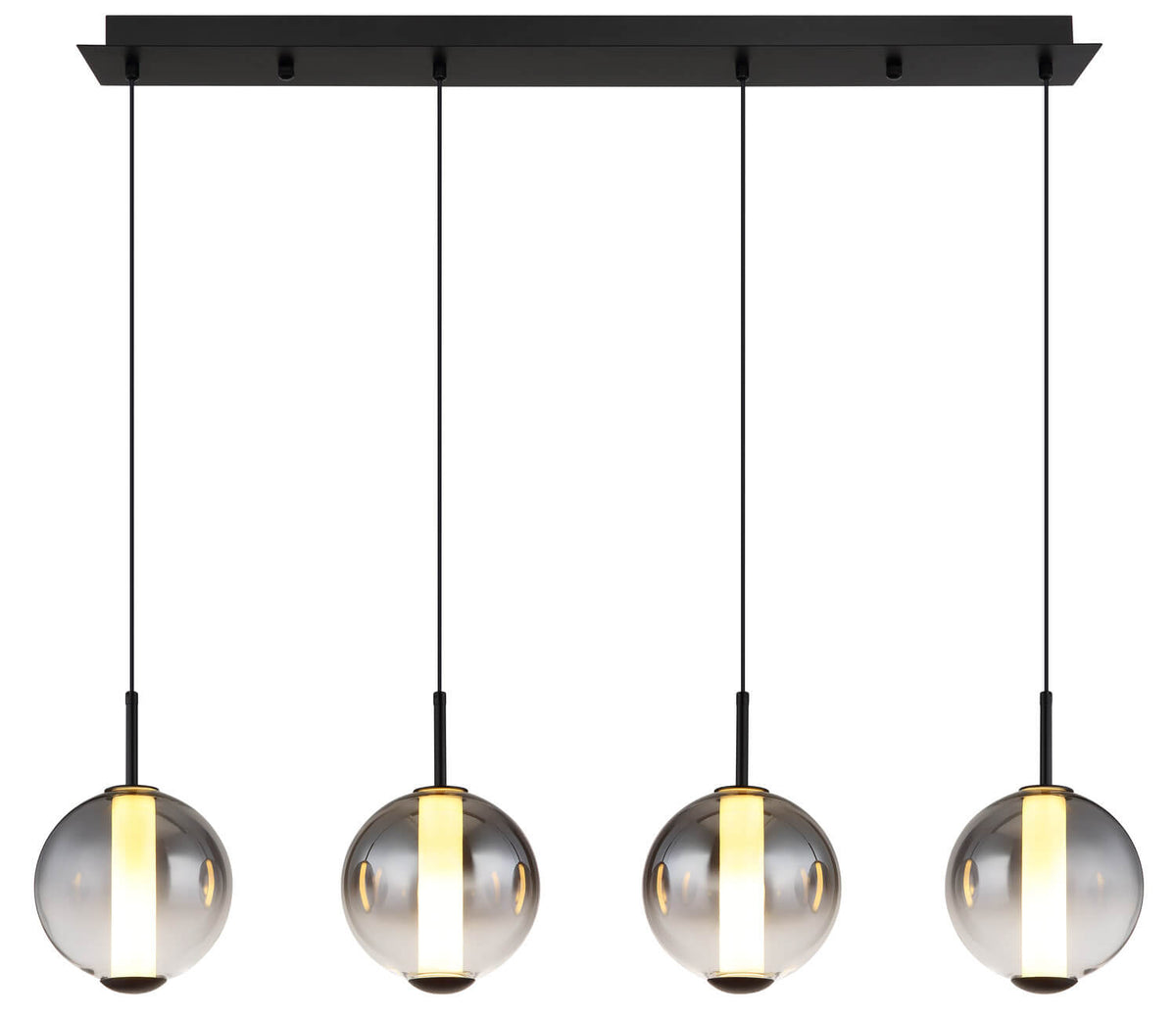 Produit allumé présenté de face, alignement des globes et détails de la finition noire mate.