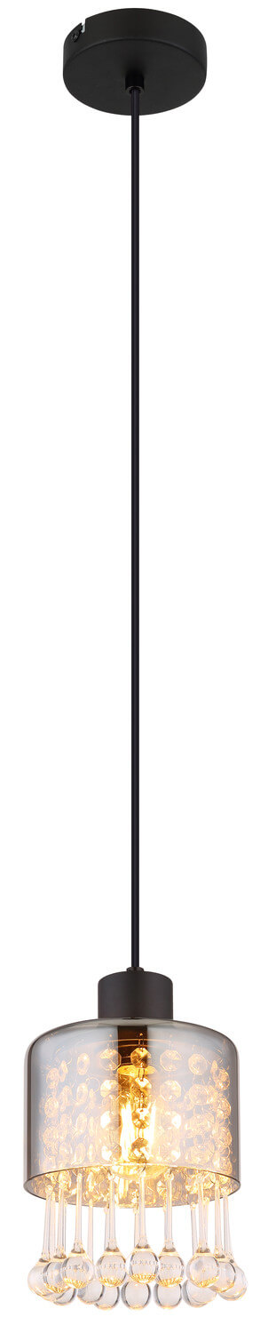 Vue en pied du luminaire suspendu, cordon noir et verre transparent.