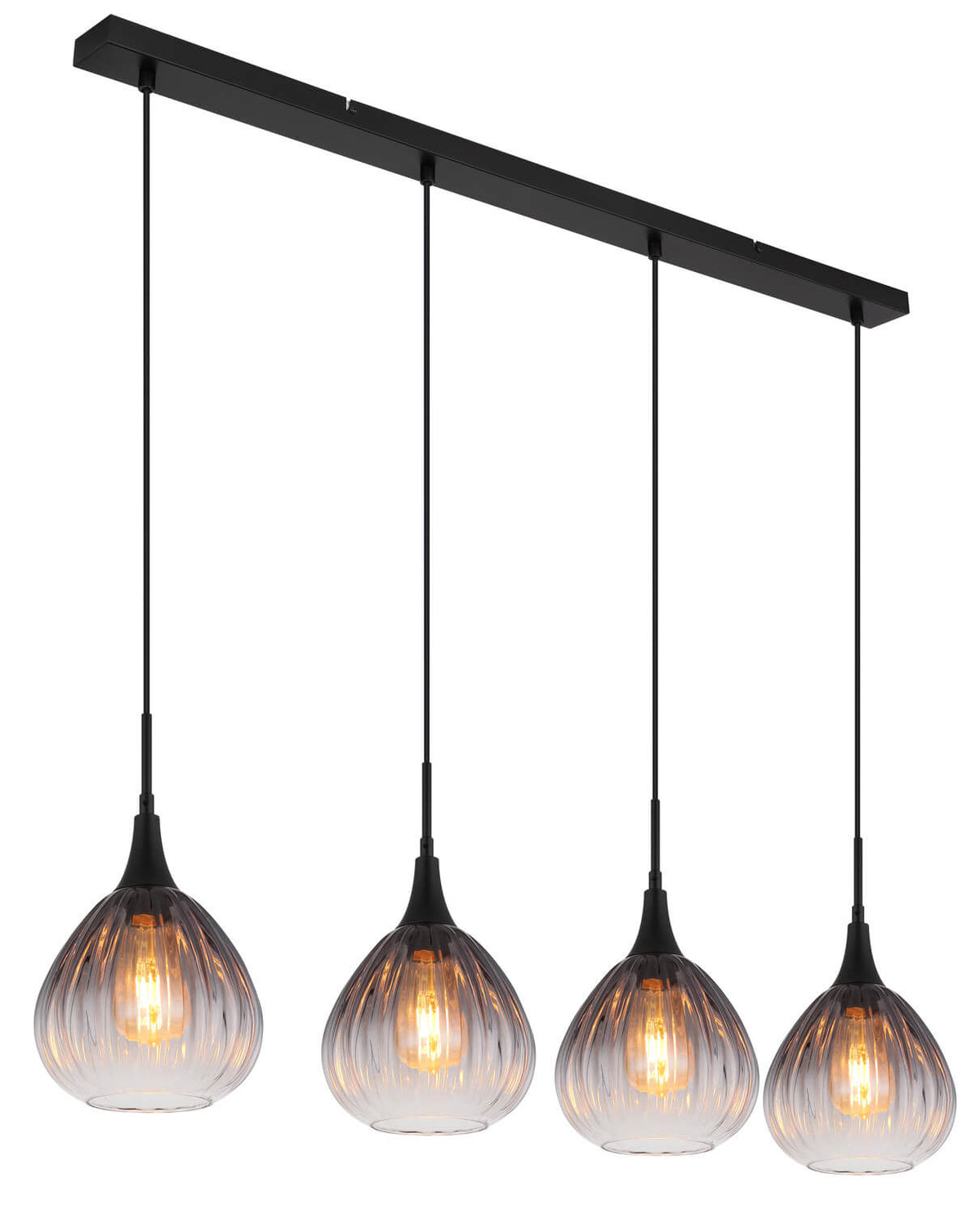 Suspension noire à quatre abat-jours en verre strié, vue de trois quarts