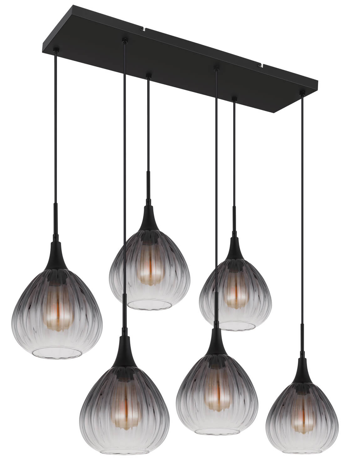 Vue d'ensemble du luminaire éteint sur fond blanc, abat-jours en verre clair