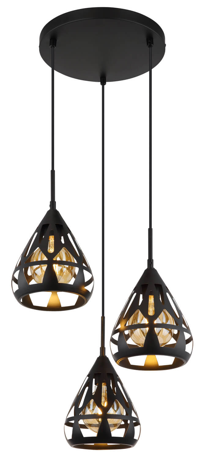 Vue rapprochée des trois suspensions noires, cages métalliques et diffuseurs en verre.