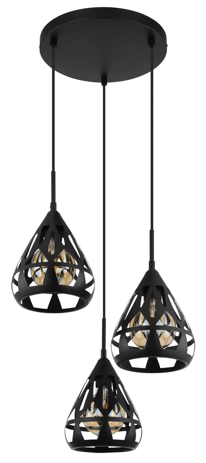 Plan large de la suspension noire à trois lumières, structure ajourée et câbles.