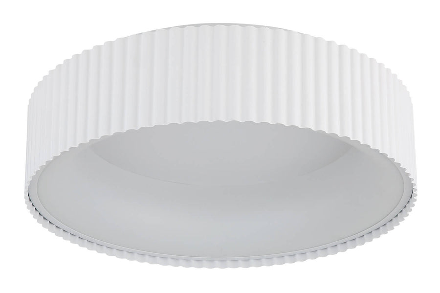 Vue éteinte du luminaire, jupe plissée blanc mat et diffuseur bombé opaque.