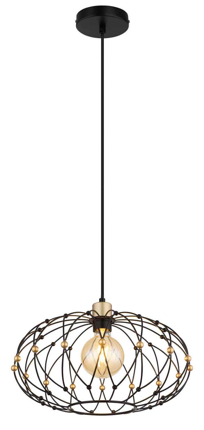Vue d'ensemble verticale du luminaire suspendu, montrant câble long et abat-jour ajouré