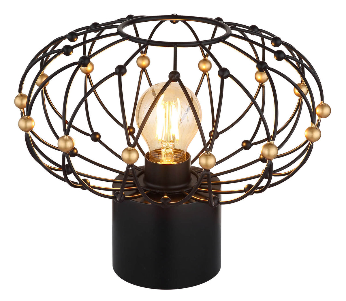Vue de face du luminaire noir, cage sphérique et billes dorées, ampoule allumée.