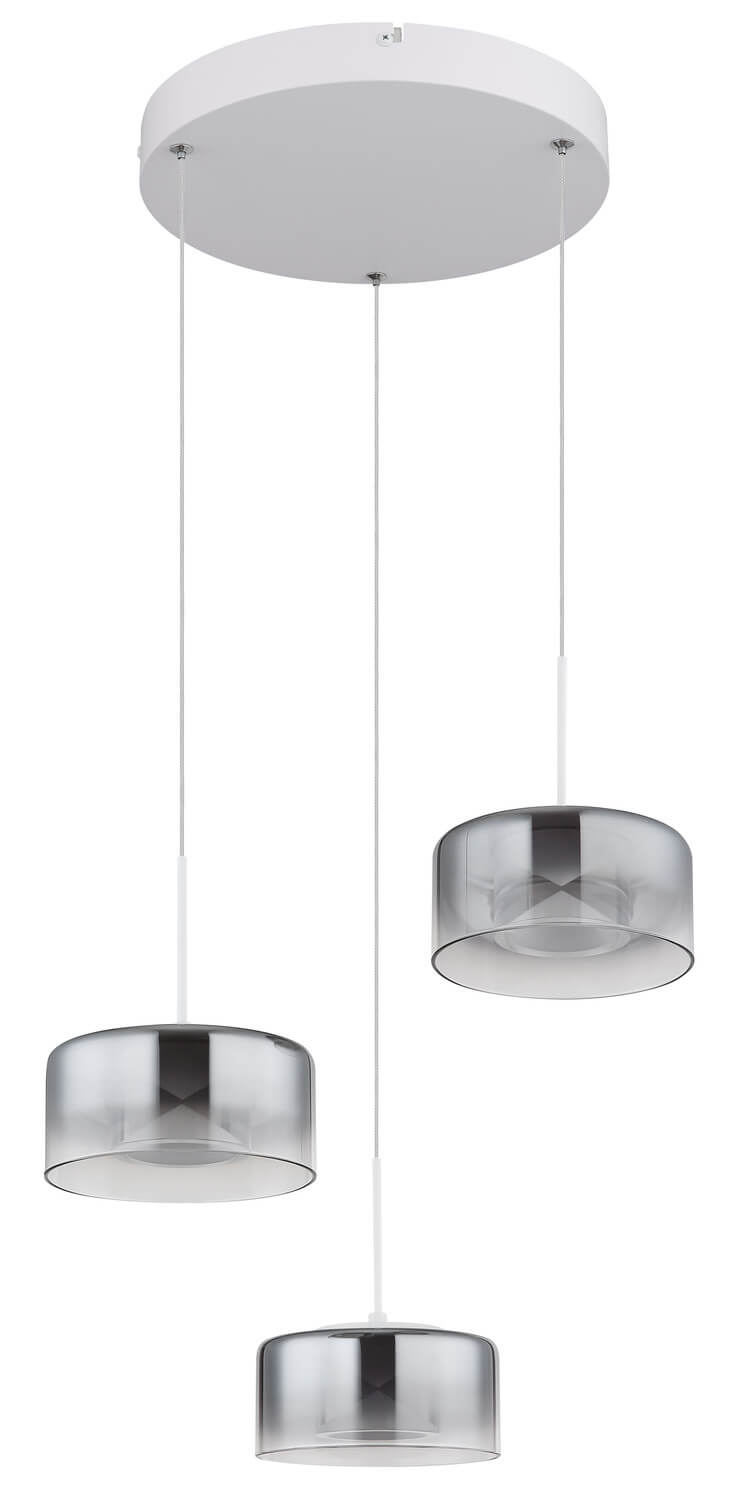 Suspension éteinte montrant le verre fumé translucide des abat-jours cylindriques.