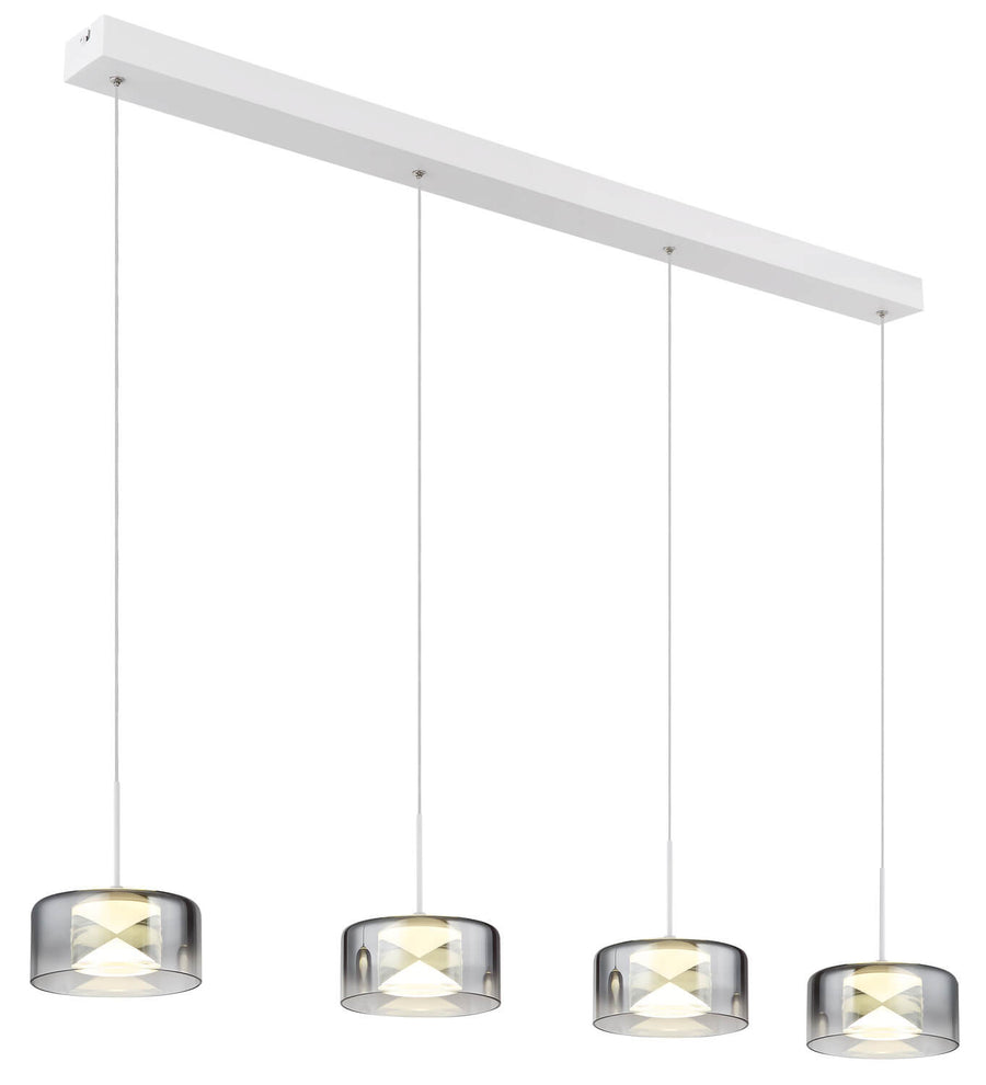 Vue d'ensemble de la suspension blanc avec barre et quatre abat-jours cylindriques en verre.