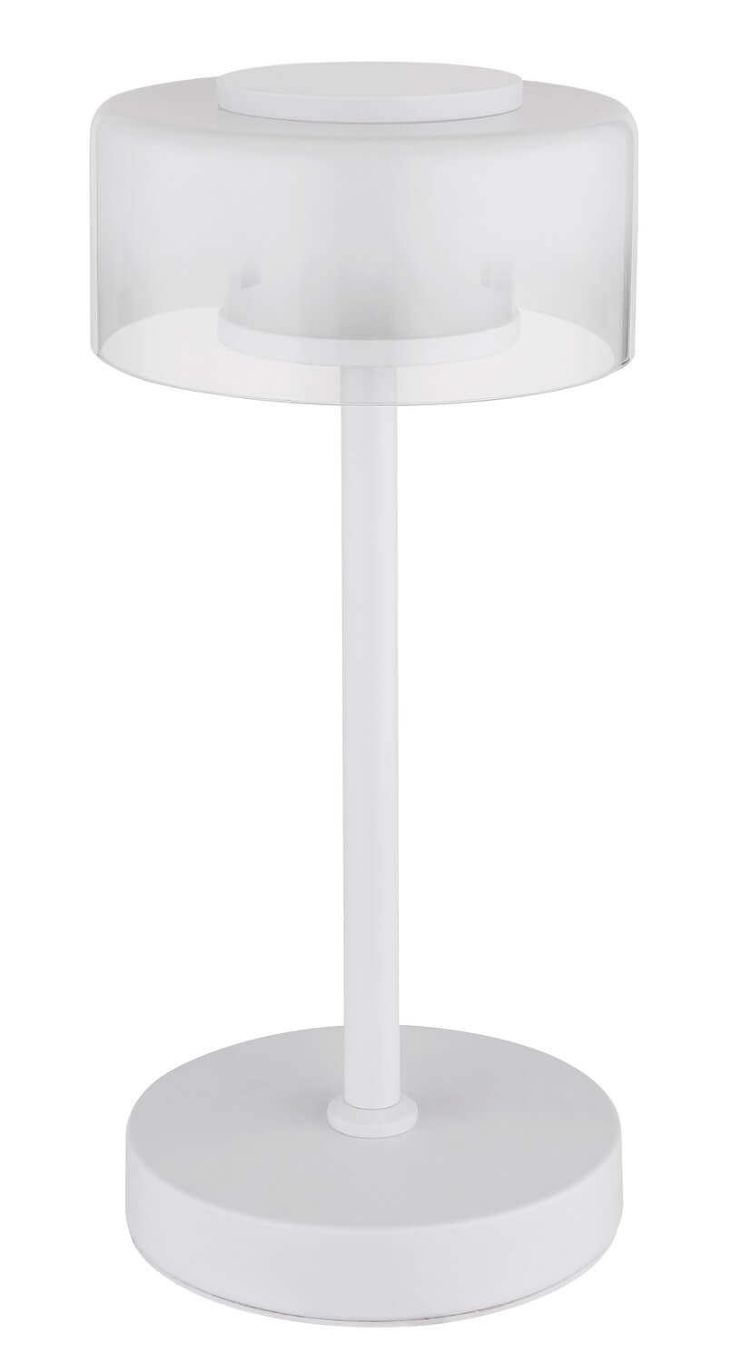 Luminaire blanc non allumé, abat-jour cylindrique et base ronde plate.