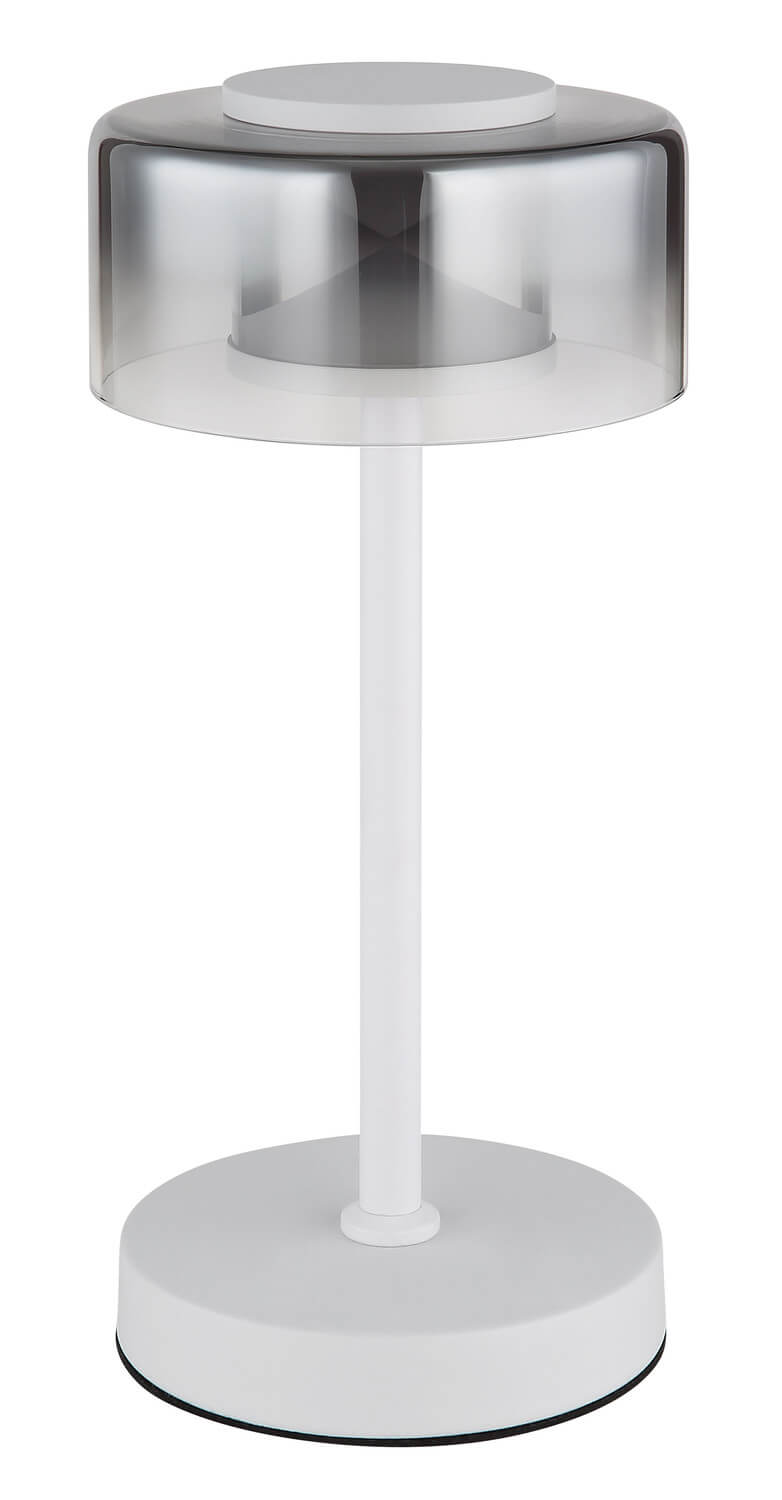 Vue de face de la lampe éteinte, avec son abat-jour fumé et sa base ronde.