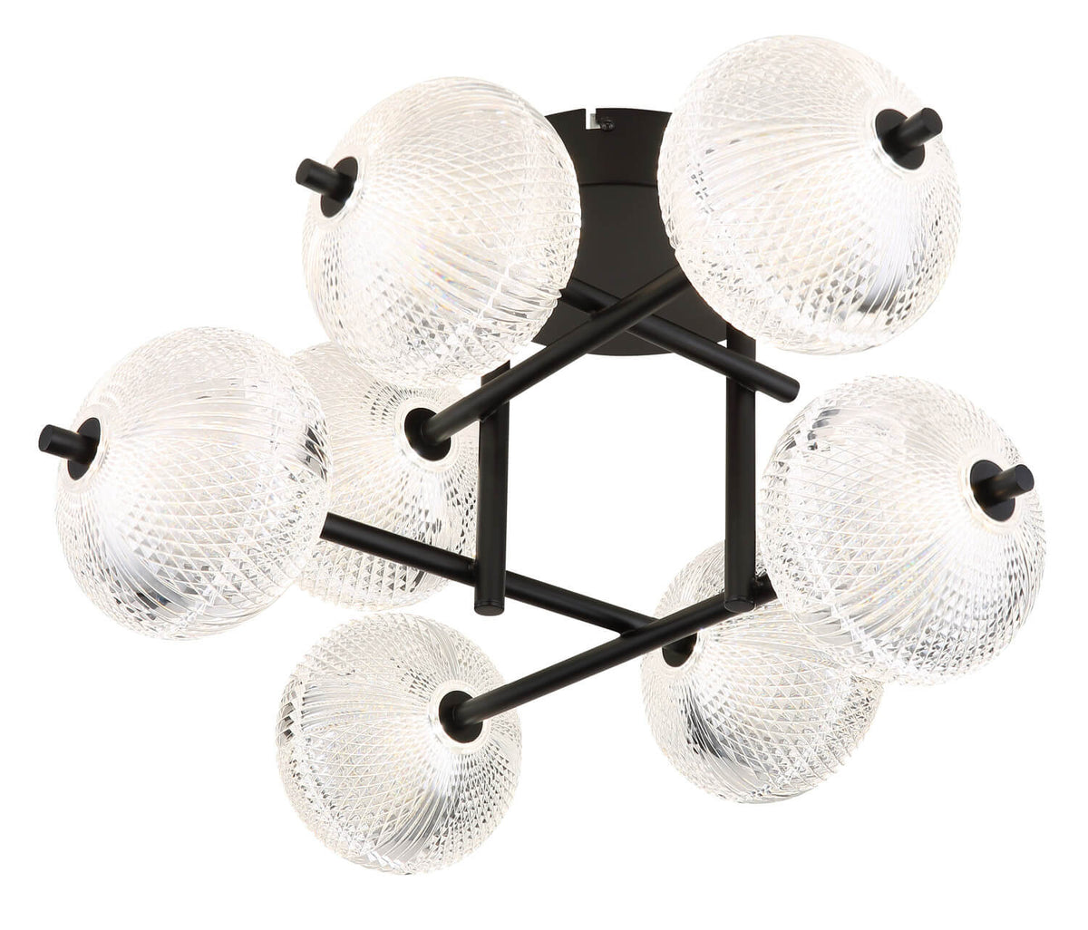 Vue de face du plafonnier noir mat avec huit globes en verre texturé transparent.